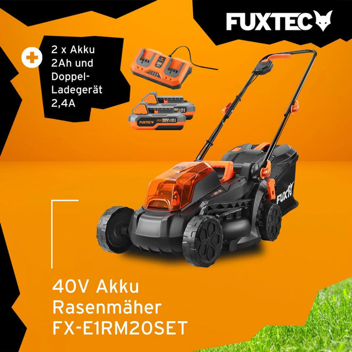 FUXTEC 40V Akku Rasenmäher FX-E1RM20 SET mit 2 x Akku 2Ah, Doppel-Ladegerät 2,4A