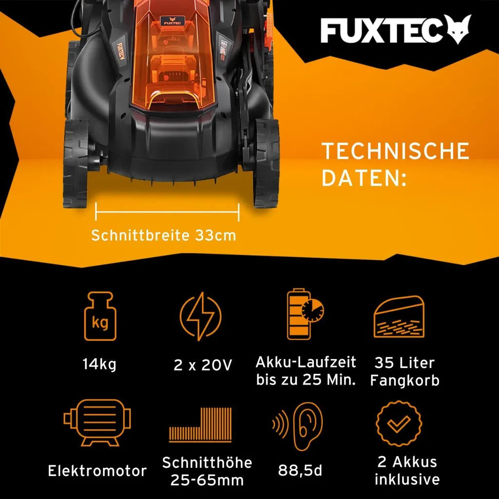 FUXTEC 40V Akku Rasenmäher FX-E1RM20 SET mit 2 x Akku 2Ah, Doppel-Ladegerät 2,4A